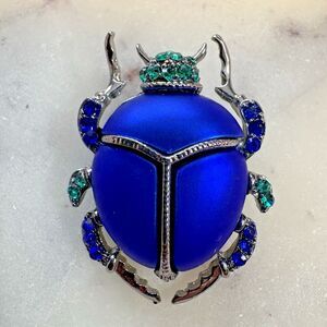 Sacred Scarab Beetle Brooch Pin with Blue Crystal – Egyptian Symbol of Rebirth